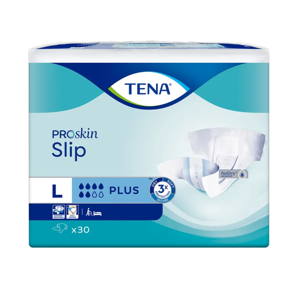 The packaging of the TENA Slip Plus incontinence pad with waistband, manufactured by TENA – Essity Germany GmbH, size Large, highlights its design with symbols indicating features like excellent absorbency and leakage protection. The color scheme is blue and white, and each pack contains 30 pieces.