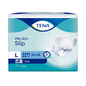 The packaging of the TENA Slip Plus incontinence pad with waistband, manufactured by TENA – Essity Germany GmbH, size Large, highlights its design with symbols indicating features like excellent absorbency and leakage protection. The color scheme is blue and white, and each pack contains 30 pieces.