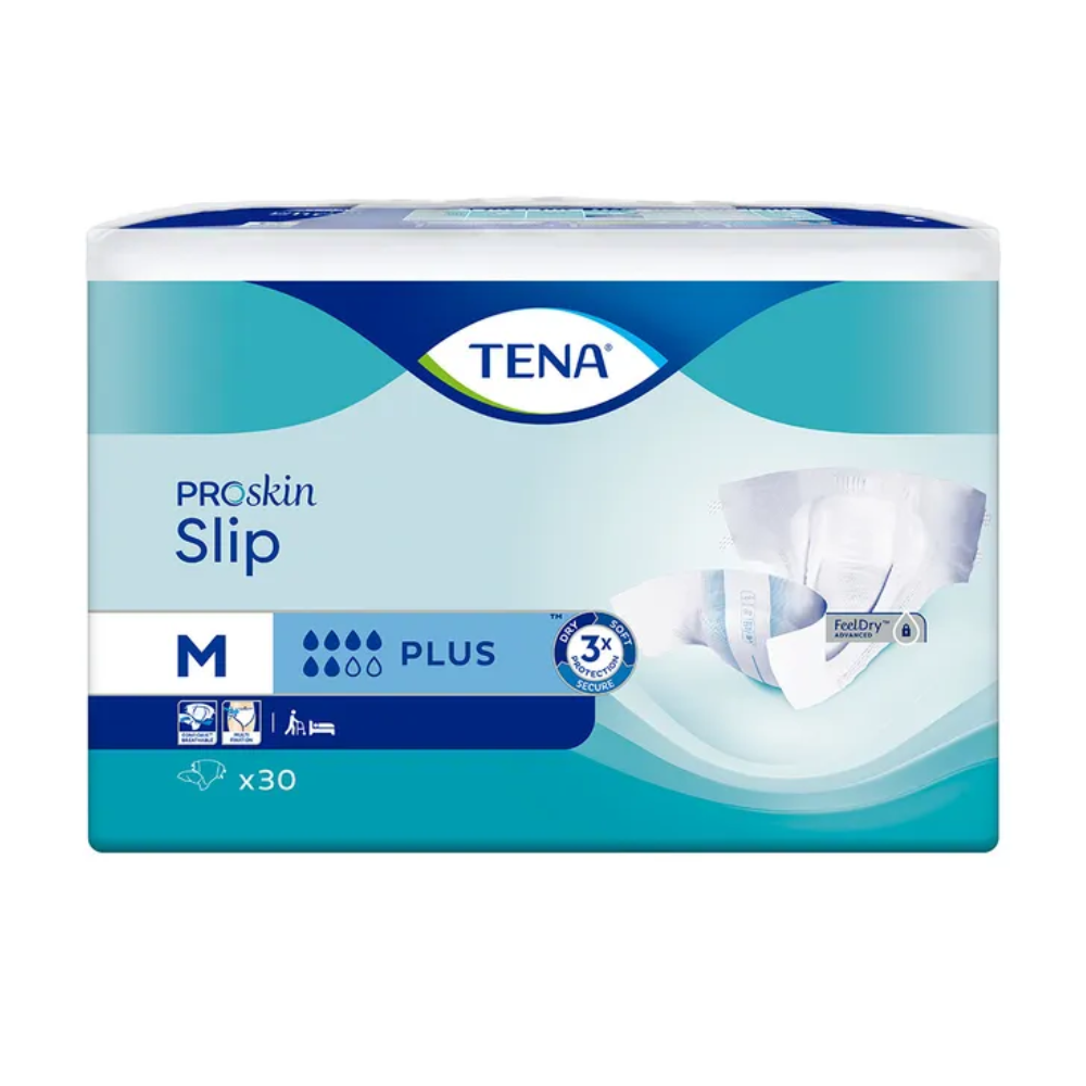 Eine Packung TENA Slip Plus Inkontinenzvorlage mit Hüftbund von Essity Germany GmbH, in blau-weißem Design. Dieses mittelgroße Produkt enthält 30 Stück und bietet 3-fachen Schutz, FeelDry Advanced-Technologie und einen Hüftbund für zusätzlichen Komfort. Mehrere Symbole heben die hervorragende Saugfähigkeit und den Hautschutz hervor.