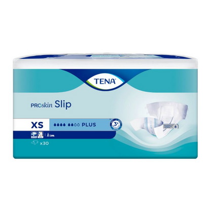 The packaging of the TENA Slip Plus incontinence pad with waistband in size XS is designed in blue and white. The front features an image of the product, indicating the leakage protection and the pack size of 30 pieces.