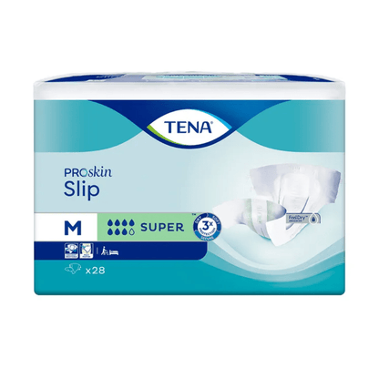 The packaging of the TENA Slip Super incontinence pad with waistband, available in size M, impresses with an elegant blue-white design with visual accents that highlight the advanced 3x dryness technology. This pack of 28 pieces promises superior leakage protection for confidence and comfort, courtesy of TENA - Essity Germany GmbH.