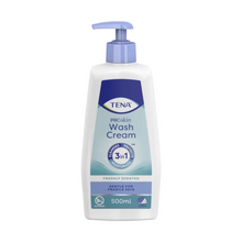 A 500 ml bottle of TENA Wash Cream Skincare 3in1 from TENA - Essity Germany GmbH is ideal for gentle skincare. The pump dispenser and 3-in-1 formula make application easy, and the fresh scent is tailored for sensitive skin. The predominantly white bottle with blue accents highlights the soothing care.