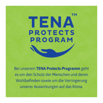 A square image with a green background shows "TENA Protects Program" in blue over a curved line. The German text explains how TENA Bed Plus from TENA - Essity Germany GmbH supports well-being and contributes to reducing climate impact.