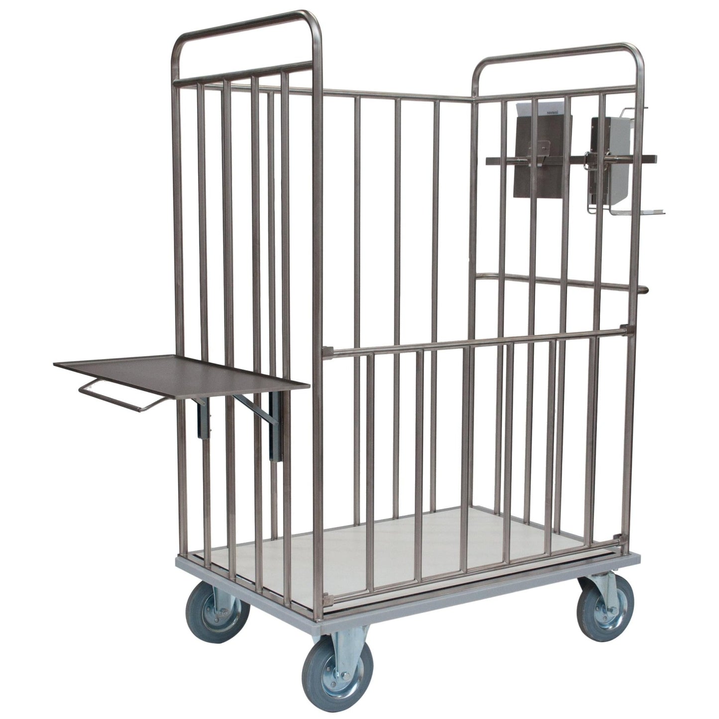 The Novocal stainless steel transport trolley with back panel and open frame offers robust quality, round tube connections, four wheels, and a fold-out tray - ideal for flexible transport. Package: 1 piece.