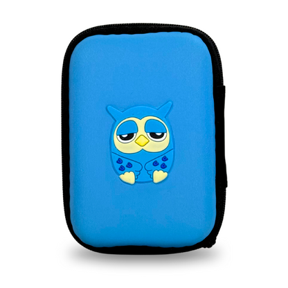A blue-black zippered carrying case from Pluslife features the image of a blue owl with a sleepy expression, a yellow beak, yellow feet, and small blue hearts on its belly. The bag stands upright against a white background.