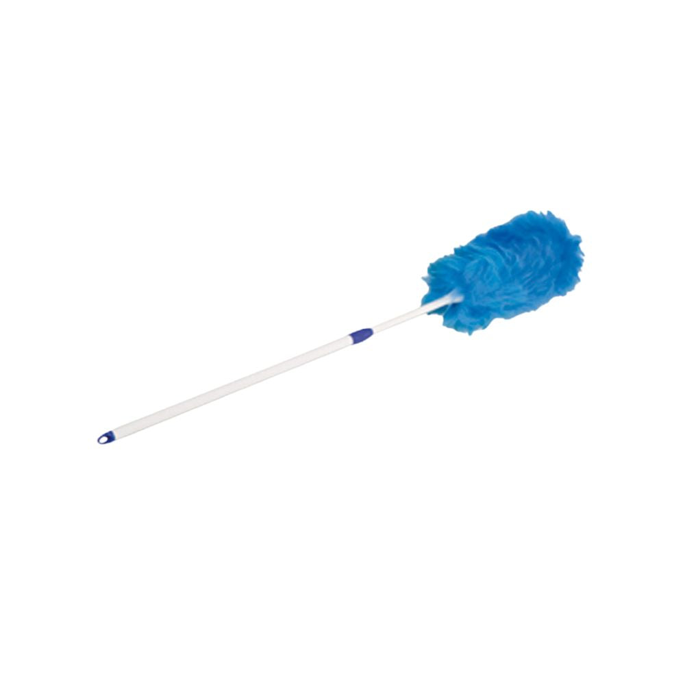The discontinued item: TASKI duster from Diversey Deutschland GmbH & Co. OHG is a blue duster with a long white handle, blue tip, and fluffy lambswool head for dusting. Package contains 1 piece.