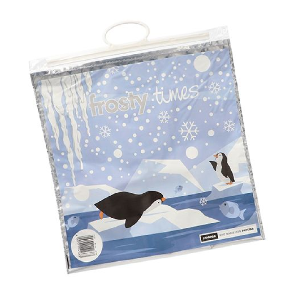 A winter-themed shower curtain by Starpak, "Frosty Times", features penguins on icebergs and falling snowflakes. The barcode is located at the bottom left of the packaging.