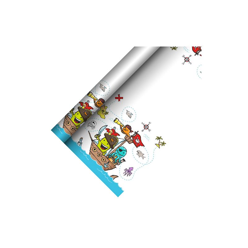 Image of a treasure map pattern on the PAPSTAR tablecloth paper from PAPSTAR GmbH, with pirate ships, treasure chests, islands, and sea creatures. A folded section shows the repeated design, adding a charming touch to any adventure decor.