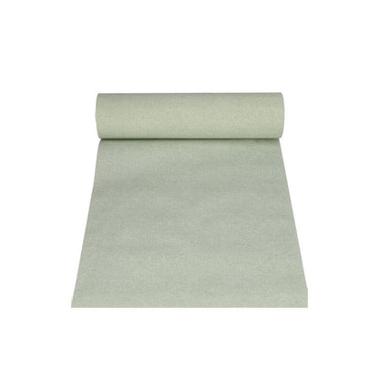 On a white background, an unrolled table runner in sage green from the ROYAL Collection of PAPSTAR GmbH with a smooth texture can be seen. The runner is partially unrolled, elegantly highlighting its length and color.