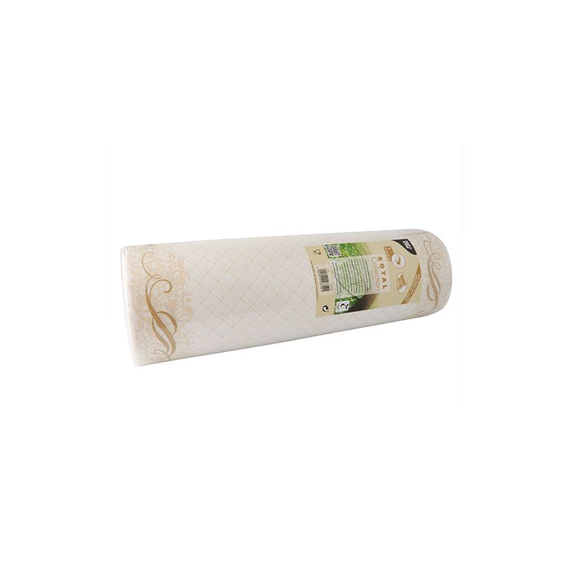 A roll of plastic wrap in transparent packaging bears green and brown labels with text and symbols. This product from the ROYAL collection of PAPSTAR GmbH features a subtle pattern with artistic edge designs, reminiscent of the elegance of the table runners PV-Tissue Mix by PAPSTAR.