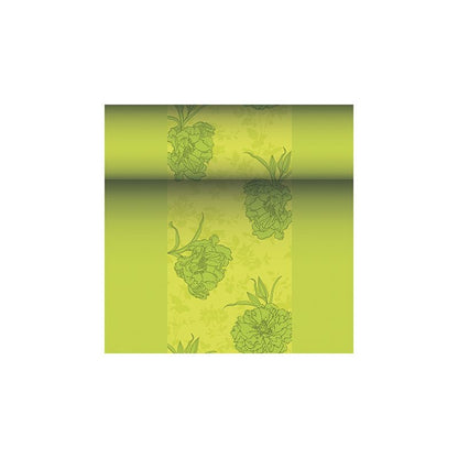 Depicted is a wallpaper roll with a floral pattern in shades of green, reminiscent of the noble ROYAL Collection of PAPSTAR GmbH. This design features large flowers in a slightly darker green on a lighter green background, exuding an elegant charm similar to that of the PAPSTAR table runner fabric-like PV-Tissue Mix "ROYAL Collection" measuring 24 m x 40 cm.
