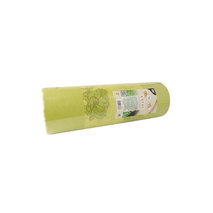 A roll of PAPSTAR table runner in green from the ROYAL Collection of PAPSTAR GmbH is wrapped in packaging with floral motifs and a label with text and images. The elegant tablecloth measures 24 m x 40 cm and lies on a perfectly white background.