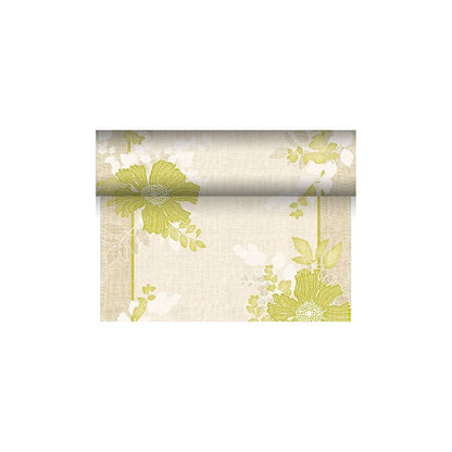 A roll of the decorative table runner from PAPSTAR unrolled, shows a design with large green flowers and leaves on a beige background from the ROYAL Collection. This floral pattern, highlighted by white accents, takes center stage and is expertly crafted from a cellulose-viscose tissue mix for added sophistication.