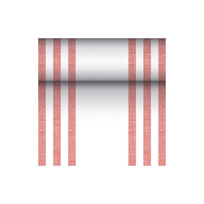 The fabric-like table runner PV-tissue mix "ROYAL Collection" of PAPSTAR GmbH in the dimensions 24 m x 40 cm impresses with a striking design of six vertical red lines, complemented by a central horizontal gradient from black to white on a flawlessly white background.