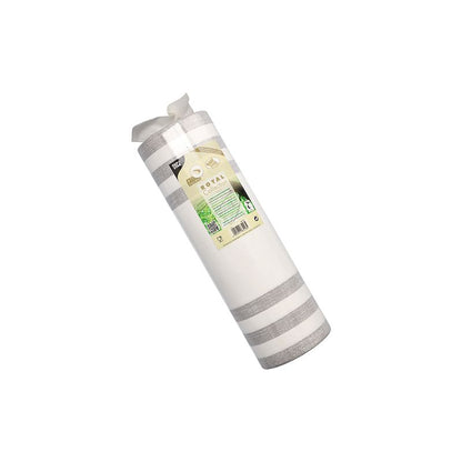 A roll of home textile in beige and white stripes from the "ROYAL Collection" of PAPSTAR GmbH is made of a PV-tissue mix and is neatly rolled in a transparent plastic packaging with a label containing product details. With 24 meters in length and 40 centimeters in width, it can elegantly be used as a table runner.