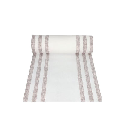 A roll from the PAPSTAR fabric-like table runner PV-tissue mix "ROYAL Collection" of PAPSTAR GmbH impresses with a straightforward design that, when partially unrolled, reveals vertical beige stripes on a white background, thus unveiling its elegant pattern.