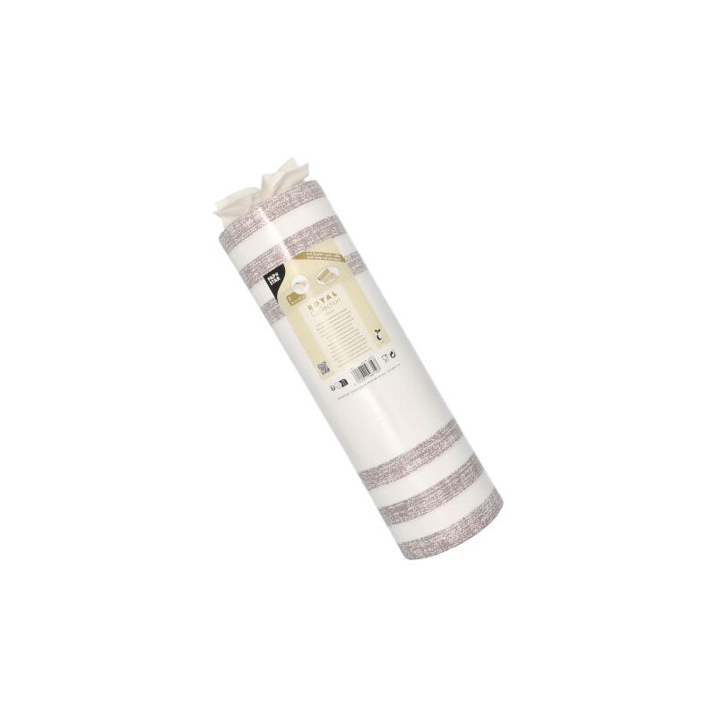 A roll of beige-white striped wallpaper, inspired by the PAPSTAR fabric-like table runner PV-tissue mix "ROYAL Collection", complete with a label containing product details and trademarks of PAPSTAR GmbH. The wallpaper features horizontal stripes, and its multilingual label displays images similar to those on a PAPSTAR table runner.