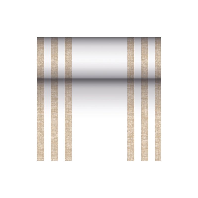 The PAPSTAR table runner fabric-like PV-Tissue Mix "ROYAL Collection" of PAPSTAR GmbH is a rectangular runner measuring 24 meters by 40 centimeters, with its white surface adorned on each side with two pairs of vertical brown lines, providing a symmetrical appearance. In the middle, there is a gradient that starts dark in the center and lightens towards the edges.