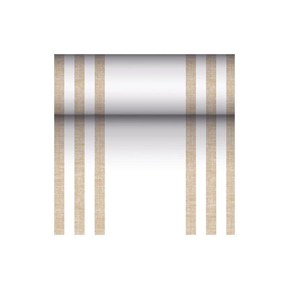 The PAPSTAR table runner fabric-like PV-Tissue Mix "ROYAL Collection" of PAPSTAR GmbH is a rectangular runner measuring 24 meters by 40 centimeters, with its white surface adorned on each side with two pairs of vertical brown lines, providing a symmetrical appearance. In the middle, there is a gradient that starts dark in the center and lightens towards the edges.