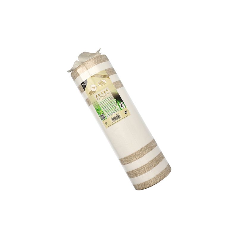 A rolled yoga mat with white and beige stripes from the PAPSTAR table runner fabric-like PV-Tissue Mix "ROYAL Collection" of PAPSTAR GmbH features a label with product details and symbols, all crafted in a pulp-viscose tissue mix design, standing vertically against a perfectly white background.