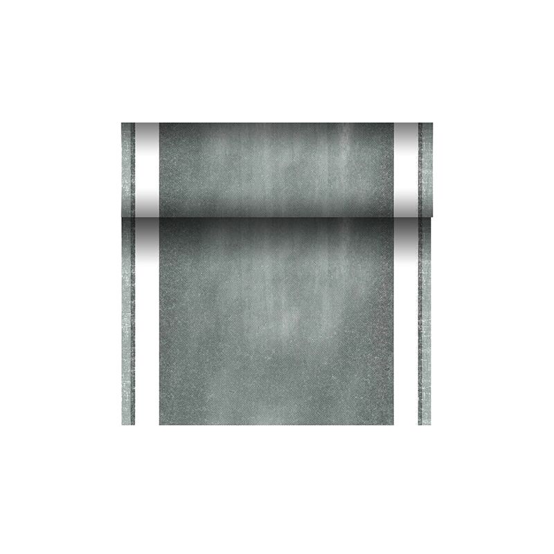 A roll of fabric-like green table runner from the PAPSTAR table runner PV-Tissue Mix "ROYAL Collection" with clean white edges is partially unrolled against a simple white background. This product, manufactured by PAPSTAR GmbH, has a slightly weathered appearance due to its unique composition of pulp-viscose-tissue mix.