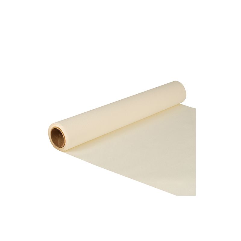 A roll of PAPSTAR table runner tissue "ROYAL Collection" in the size 5 m x 40 cm is partially unrolled on a white background, revealing the cylindrical shape and highlighting the brand's commitment to sustainability.