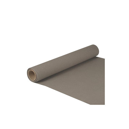 A roll of PAPSTAR table runner tissue "ROYAL Collection" in the size 5 m x 40 cm and FSC® certified is partially unrolled, showing the smooth surface. Placed on a white background, the core is visible on the left side.