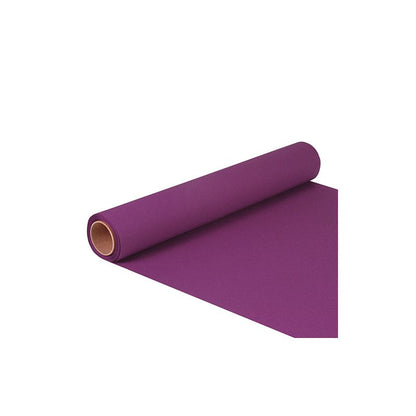 A roll of luxurious purple table runner tissue "ROYAL Collection" from PAPSTAR GmbH with the dimensions 5 x 40 centimeters is partially unrolled in front of a perfectly white background.