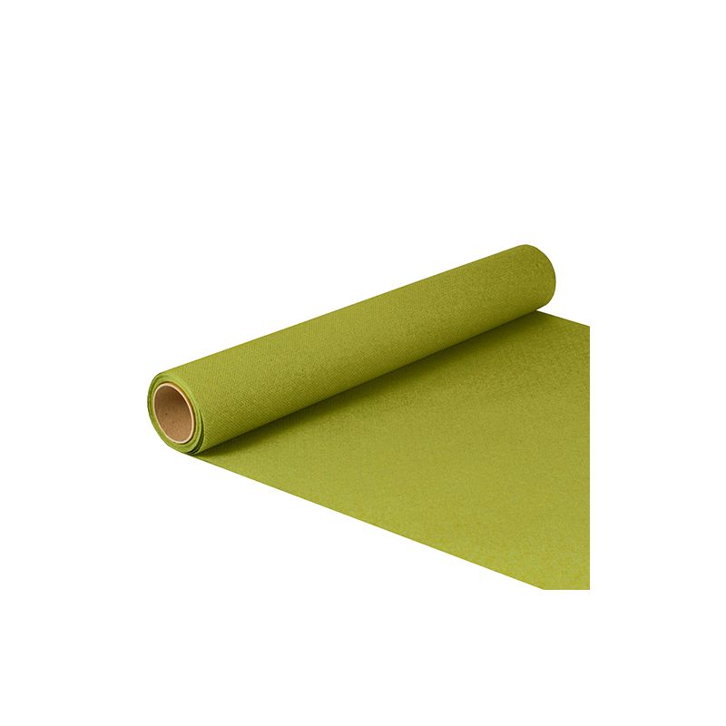 A roll of table runner tissue "ROYAL Collection" from PAPSTAR GmbH in green with the dimensions 5 by 40 centimeters is partially unrolled and presented against a white background.