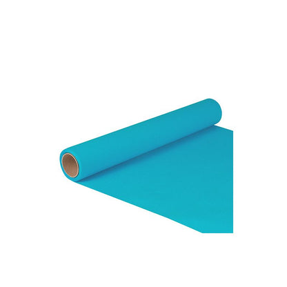 A roll of PAPSTAR table runner tissue "ROYAL Collection" in a strong light blue from PAPSTAR GmbH is partially unrolled and lies against a plain white background.
