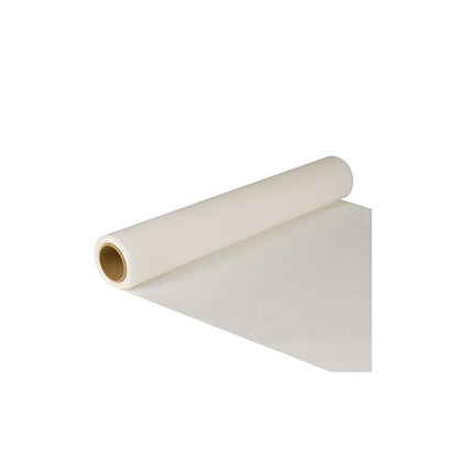 A partially unrolled tissue table runner from PAPSTAR "ROYAL Collection" with the dimensions 5 m x 40 cm lies elegantly on a white surface. The FSC® certification from PAPSTAR GmbH guarantees sustainability and gives environmentally conscious people a good feeling. This product is perfect as a decorative runner or for any creative purpose you can imagine.
