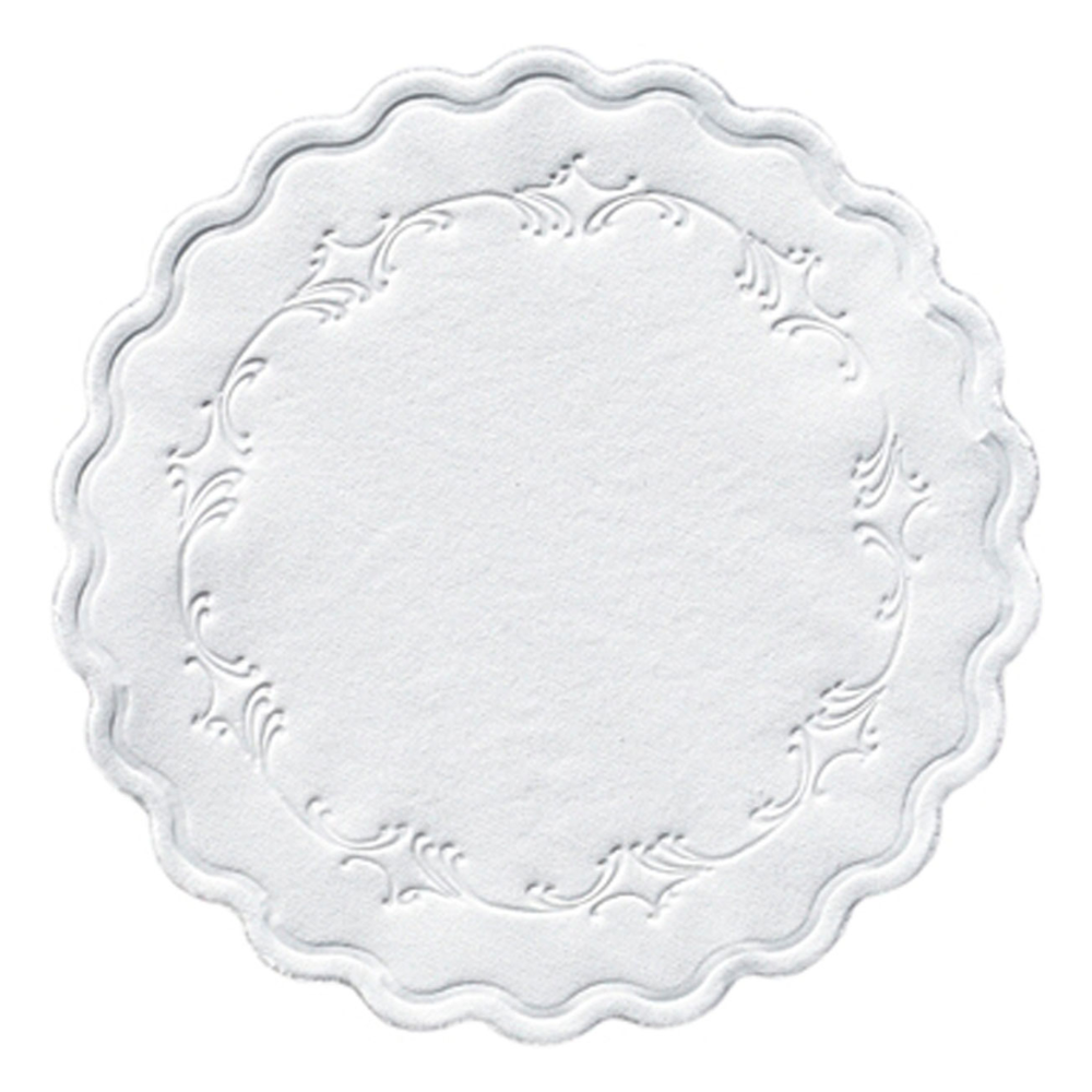 The Duni tissue coaster, a round, multi-layered white doily with a diameter of 9 cm from Duni GmbH, features scalloped edges and an artistic embossing pattern along the edge that adds elegance to any table setting and is available in packs of 250 pieces.