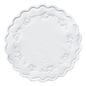 The Duni tissue coaster, a round, multi-layered white doily with a diameter of 9 cm from Duni GmbH, features scalloped edges and an artistic embossing pattern along the edge that adds elegance to any table setting and is available in packs of 250 pieces.