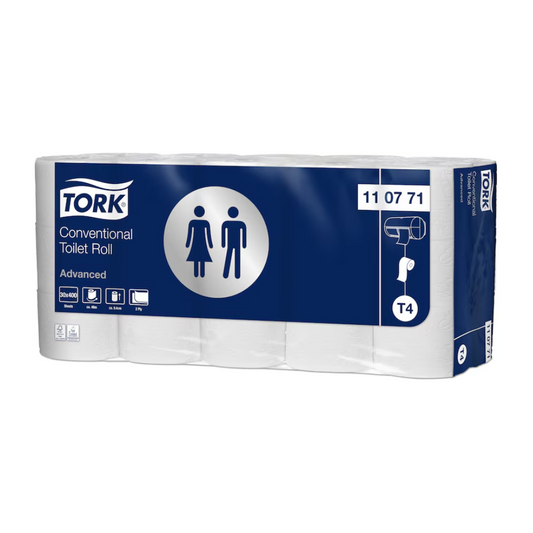 Eine blau-weiße Packung mit dreißig Rollen Tork 110771 Kleinrollen-Toilettenpapier Advanced T4 2-lagig mit der Aufschrift „Advanced 2-lagig“. Auf der Verpackung sind Symbole zu sehen, die auf 2-lagige Stärke, extralange Rollen und Kompatibilität mit T4-Spendern hinweisen.