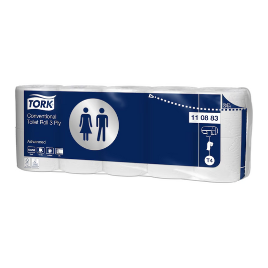 Eine Packung Tork 110883 extra weiches Kleinrollen Toilettenpapier Advanced T4 3-lagig | Karton (70 Rollen) mit einem blau-weißen Etikett. Die Packung enthält vier Rollen extra weiches Toilettenpapier und zeigt Symbole für die Toilettennutzung und Produkteigenschaften. Das TORK-Logo ist in der oberen linken Ecke sichtbar und garantiert Qualität.