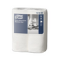 A carton with 24 rolls of Tork 120269 extra-absorbent kitchen towel Premium 2-ply from Essity Professional Hygiene Germany GmbH shows the brand logo and product details, with symbols indicating the high-quality two-ply construction. The white rolls have a subtle embossed pattern.