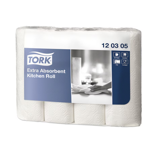 Durchsichtige Kunststoffverpackung mit vier Rollen Tork 120305 extra-saugfähige Küchenrolle Premium 3-lagig | Karton (48 Rollen). Das Etikett auf der Vorderseite zeigt den Produktnamen und Bilder des verwendeten Papiertuchs. Der Text in der oberen rechten Ecke lautet „12 03 05“.