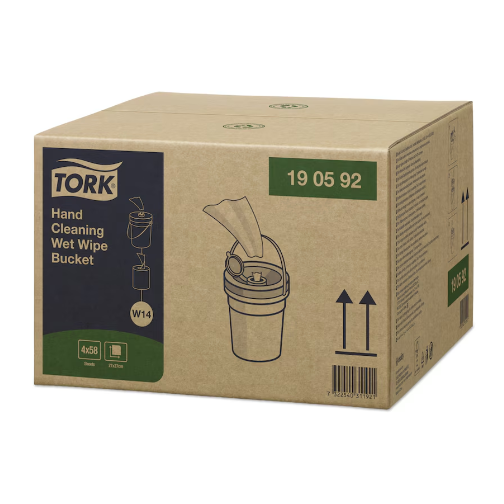 Der Karton Tork 190592 feuchte Handreinigungstücher Premium W14 1-lagig von TORK – Essity Professional Hygiene Germany GmbH, beinhaltet vier Eimer und zeigt eine Abbildung eines Feuchttucheimers sowie Produktdetails zur wasserlosen Handreinigung, alles in Profiqualität.