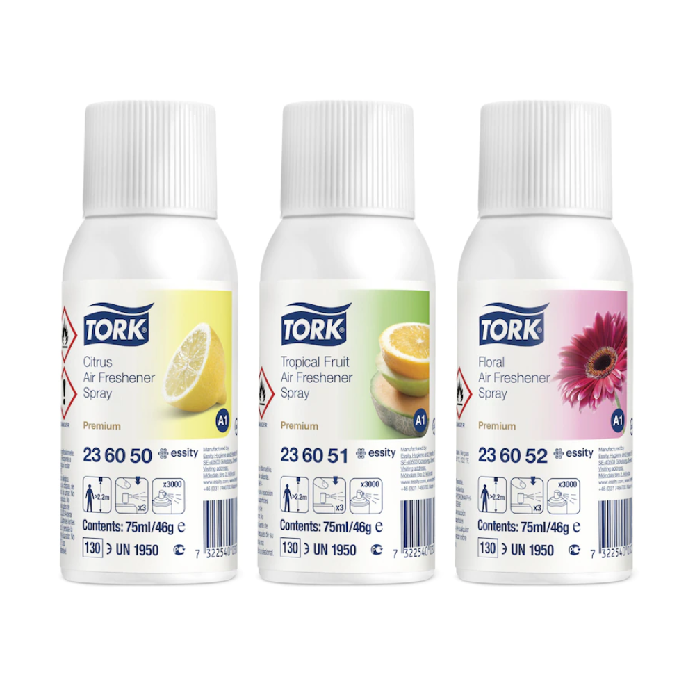 Three Tork 236056 air freshener sprays in a mixed pack (Citrus, Tropical Fruit, Floral) with matching designs on a white label – ideal for odor neutralization and long-lasting freshness. Carton contains 12 bottles.