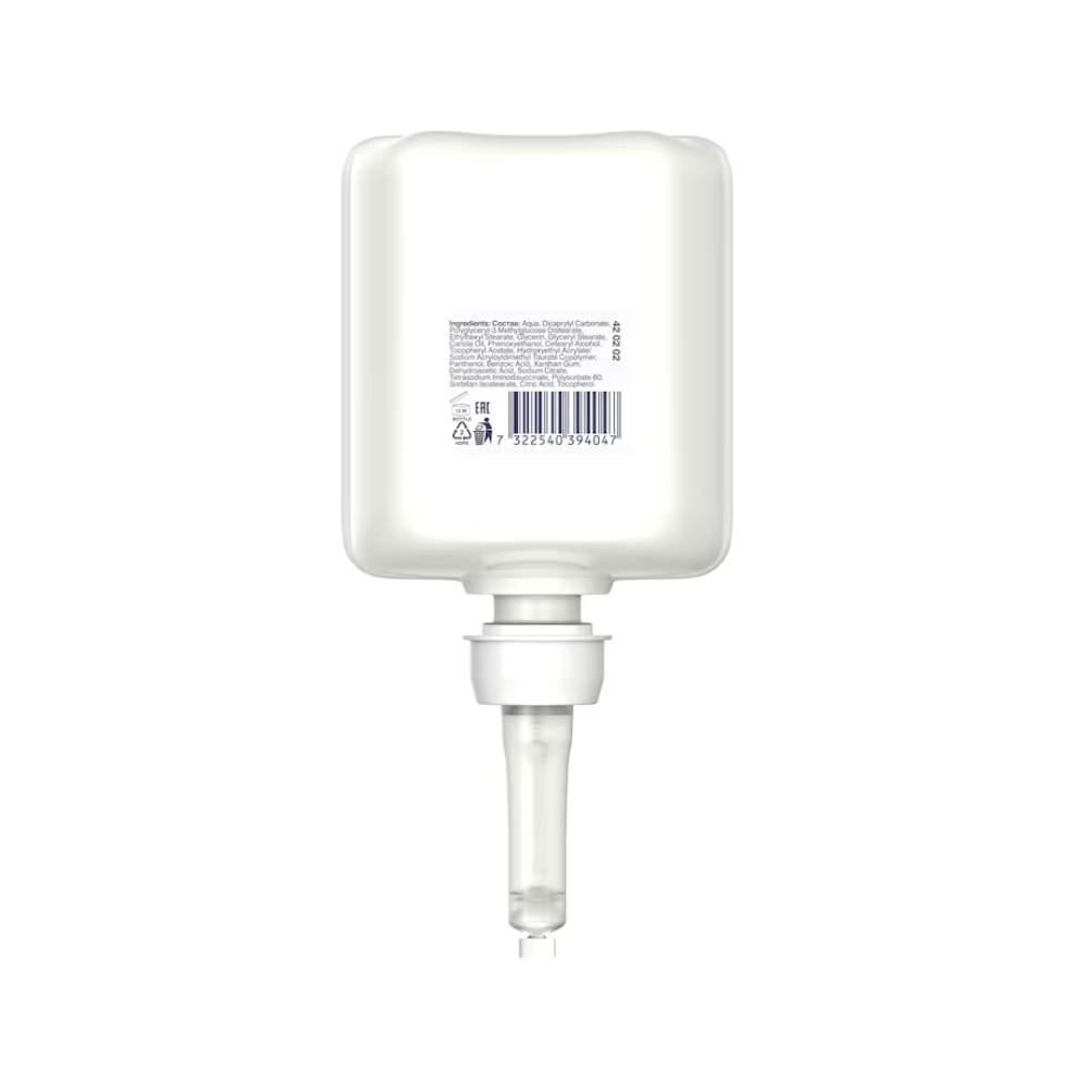 Pictured is a white rectangular container with a bottom nozzle, displaying text and a barcode. This Tork 420202 Sensitive Moisturizing Hand Sanitizer Premium from TORK – Essity Professional Hygiene Germany GmbH is ideal for distributing moisturizing hand sanitizer gel and effectively combats pathogens.