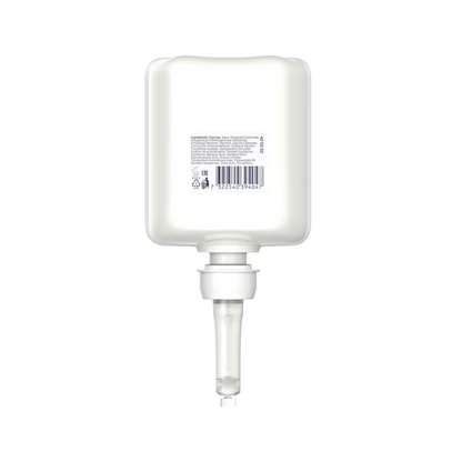 Pictured is a white rectangular container with a bottom nozzle, displaying text and a barcode. This Tork 420202 Sensitive Moisturizing Hand Sanitizer Premium from TORK – Essity Professional Hygiene Germany GmbH is ideal for distributing moisturizing hand sanitizer gel and effectively combats pathogens.