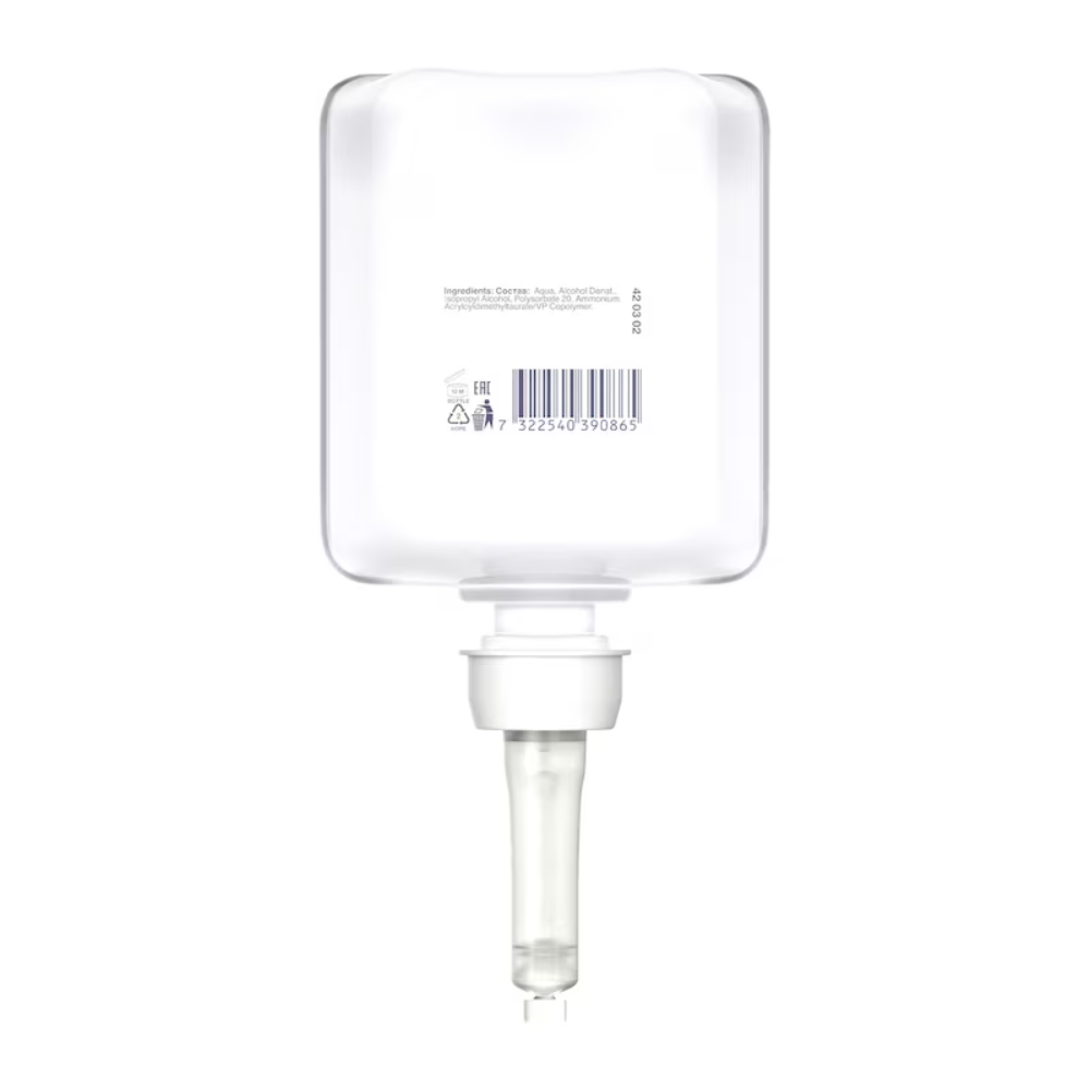 Der Tork 420302 Toilettensitzreiniger Premium von TORK – Essity Professional Hygiene Germany GmbH ist mit einer transparenten, rechteckigen Flasche ausgestattet, die unten über eine Pumpdüse verfügt, um optimale Hygiene zu gewährleisten. Jede Flasche enthält einen Strichcode und ein Textetikett mit detaillierten Inhaltsstoffen und Gebrauchsanweisungen, wodurch Kreuzkontaminationen bei jedem Gebrauch wirksam verhindert werden.