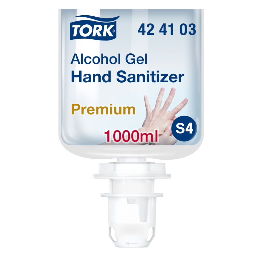 Bild einer TORK-Marke Tork 424103 Händedesinfektionsgel S4 | Karton (6 Flaschen) Handdesinfektionsmittel-Nachfüllpackung. Auf dem Etikett steht „Alcohol Gel Hand Sanitizer – Premium“ mit einem Volumen von „1000 ml“ und der Modellnummer „42 41 03“. Der Spender enthält 80 % denaturierten Alkohol, ist mit „S4“ gekennzeichnet und zeigt, wie die Hände für eine effektive Hygiene desinfiziert werden.