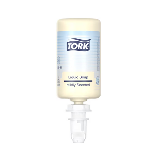 Eine Flasche TORK 424501 Flüssigseife, Mild-Duftend, 1000 ml | Karton (6 Flaschen) ist vor einem weißen Hintergrund abgebildet. Die Flasche mit der Aufschrift „Liquid Soap Mildly Scented“ hat unten eine weiße Dosierdüse. Die Verpackung ist hauptsächlich beige mit hellblauen Akzenten und bietet ein hautfreundliches und feuchtigkeitsspendendes Erlebnis.