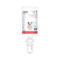 A transparent and white bottle of Tork 520202 alcohol-free hand sanitizing foam Premium S4 from TORK – Essity Professional Hygiene Germany GmbH. The bottle is inverted and equipped with a dispensing nozzle to promote sustainable hand hygiene. The label contains instructions for use and product details in multiple languages.