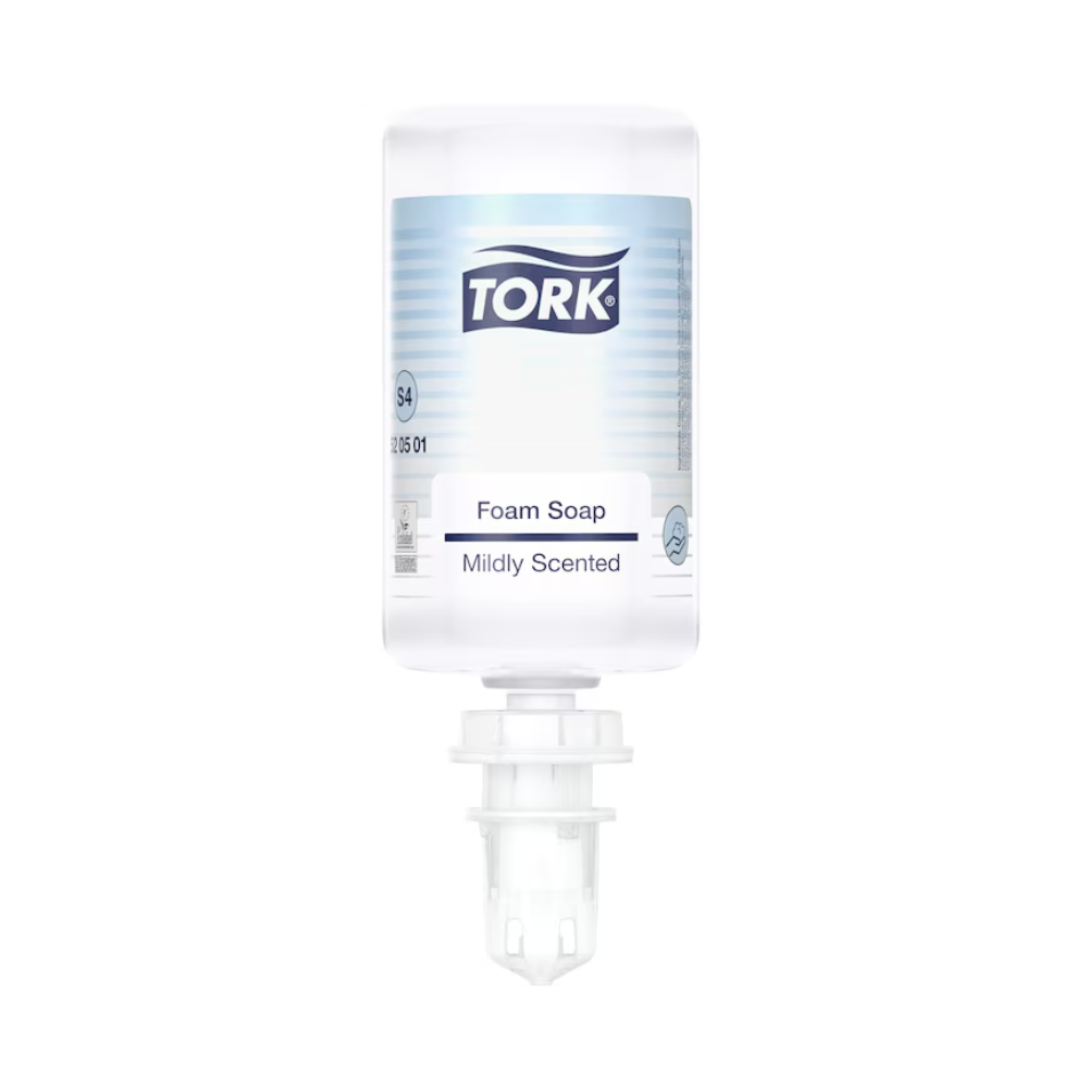 Eine durchsichtige Plastikflasche mit der Aufschrift „TORK“ enthält Tork 520501 Mild-Duftende Schaumseife Premium S4 | Karton (6 Flaschen) mit feuchtigkeitsspendenden Inhaltsstoffen. Die Flasche ist für einen Spender konzipiert und wird vor einem schlichten weißen Hintergrund fotografiert. Dermatologisch getestet, die Spenderöffnung befindet sich am Boden der Flasche.