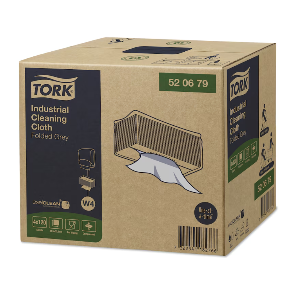 Ein Karton mit Tork 520679 Industrie Reinigungstücher Premium W4 1-lagig | Karton (4 Packungen) mit dem Text „Folded Grey“, Produktnummer 52 06 79. Die umweltfreundliche Verpackung zeigt ein Bild der ausgegebenen Tücher und enthält Symbole für Produktfunktionen. Das TORK-Logo und andere Spezifikationen sind ebenfalls sichtbar.