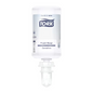 The Tork 520701 Sensitive Hand Foam Soap Premium S4 (1000 ml) from TORK – Essity Professional Hygiene Germany GmbH is delivered in a transparent bottle with a bottom dispenser. The label reads "Gentle on the skin", "Foam soap", "Sensitive", and it is ECARF-certified.