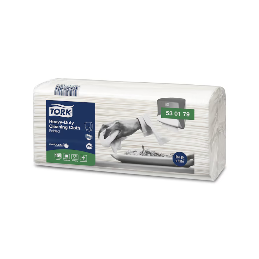 Die Tork 530179 Extra-Starke Reinigungstücher, hergestellt von TORK – Essity Professional Hygiene Germany GmbH, zeigen ein weiß-graues Design mit dem Bild einer Hand, die das Tuch benutzt. Diese Premium-W4-Tücher, verpackt in Kartons zu je vier Packungen, sind mit der exelCLEAN®-Technologie für eine effektive Öl- und Fettentfernung ausgestattet und können bequem einzeln ausgegeben werden.