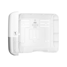 The Tork 553100 Mini Dispenser for Zigzag Hand Towels features an elegant Elevation design and a lock on the left side. The open front panel provides access to the mounting slots and instructions can be found inside. This makes it ideal for compatibility with zigzag hand towels. This product is provided to you by TORK, a company of Essity Professional Hygiene Germany GmbH.